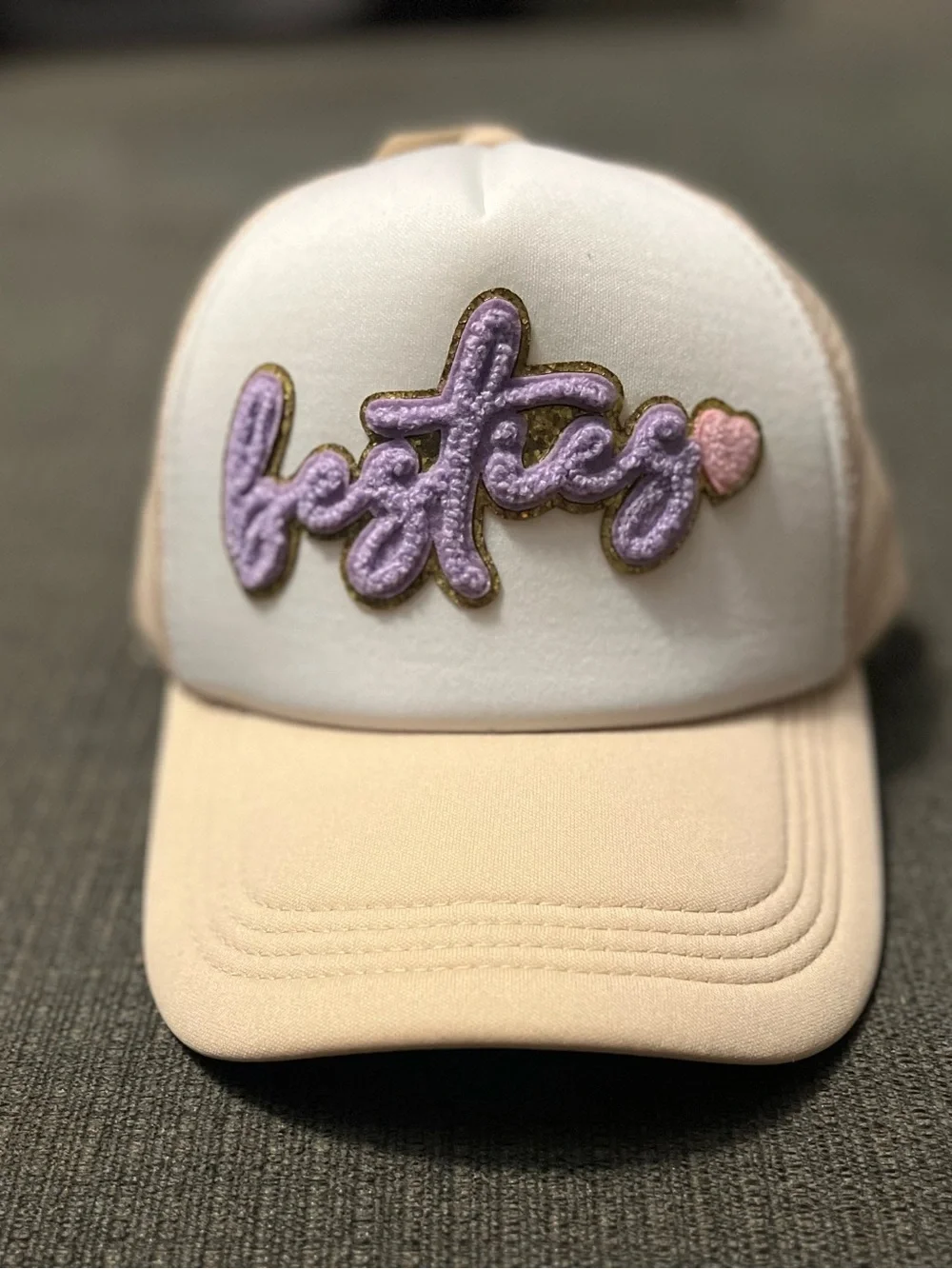 ‘Bestie' Tan and White Trucker Hat New